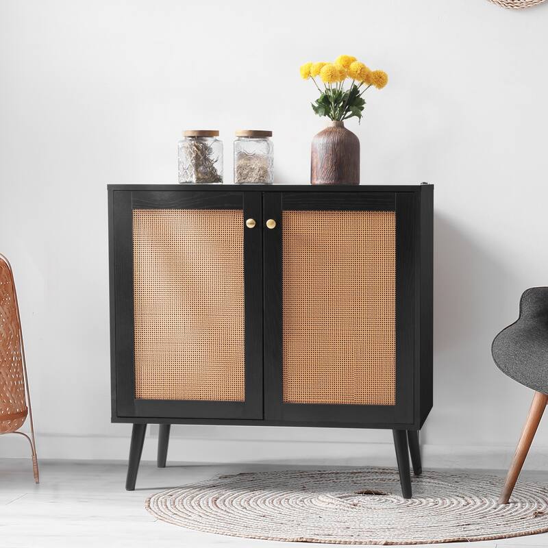 Nuu Garden Accent Storage Cabinet, Sideboard Buffet Cabinet with Rattan Doors - Black
