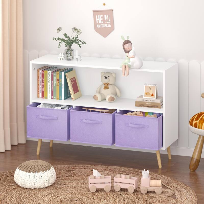 Kids Bookcase With Collapsible Fabric Drawers, Children'S Book Display, Toy Storage Cabinet Organizer,White/Purple