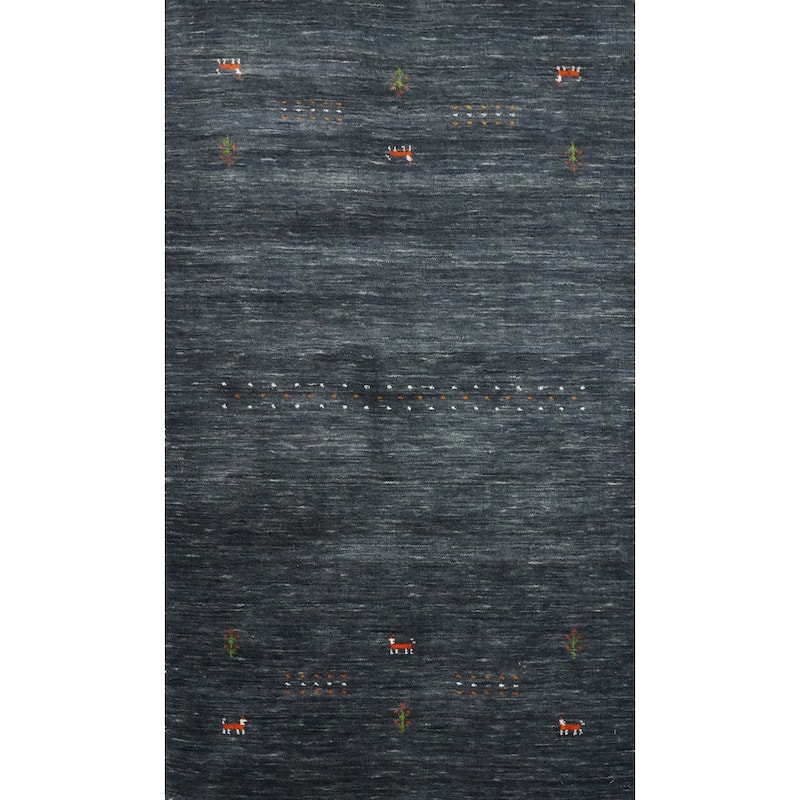 Hand Knotted Oriental 100% Wool Carpet Tribal Animal Pictorial Navy Blue & Blues Gabbeh Area Rug - 4' 11'' X 3' 0''