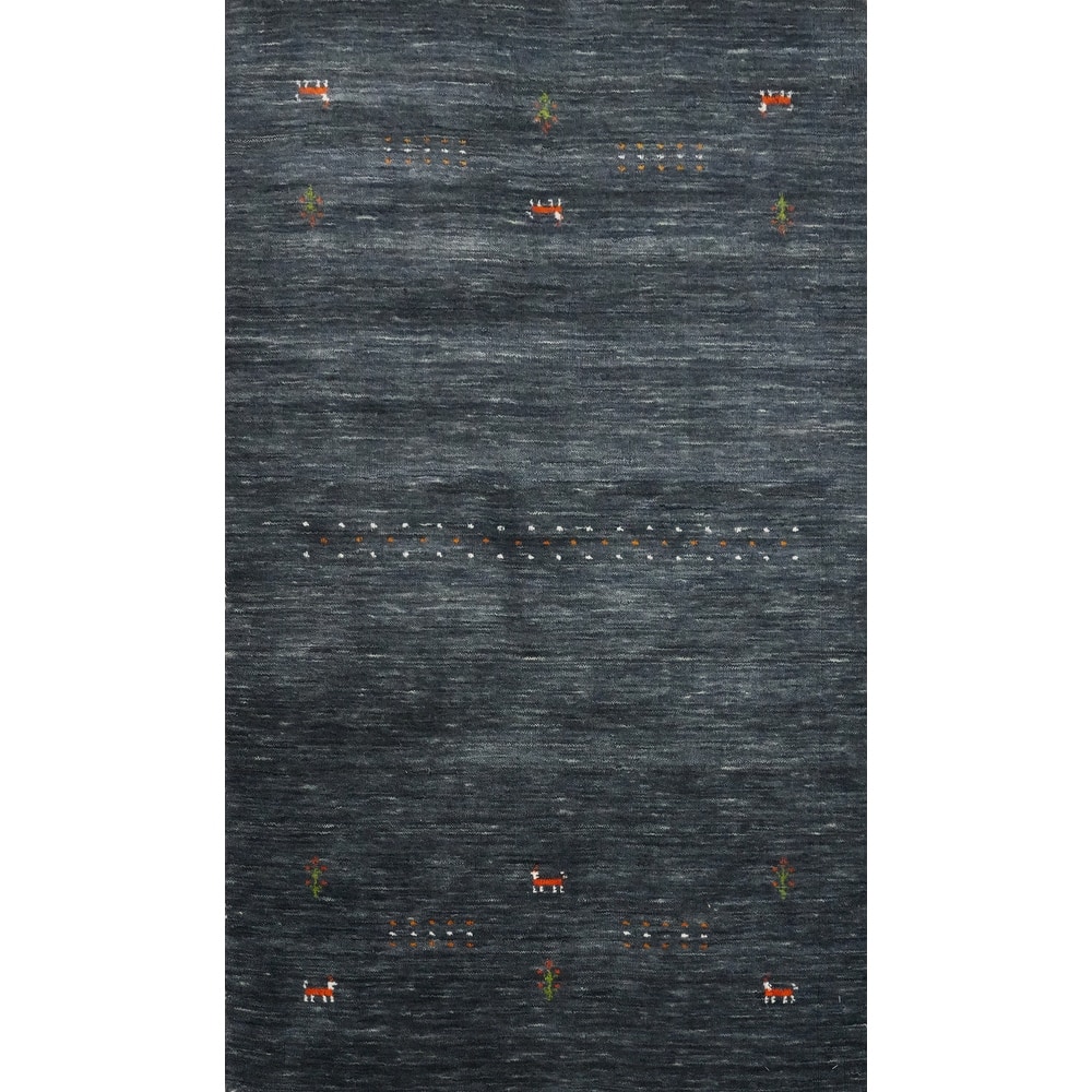 Hand Knotted Oriental 100% Wool Carpet Tribal Animal Pictorial Navy Blue & Blues Gabbeh Area Rug - 4' 11'' X 3' 0''