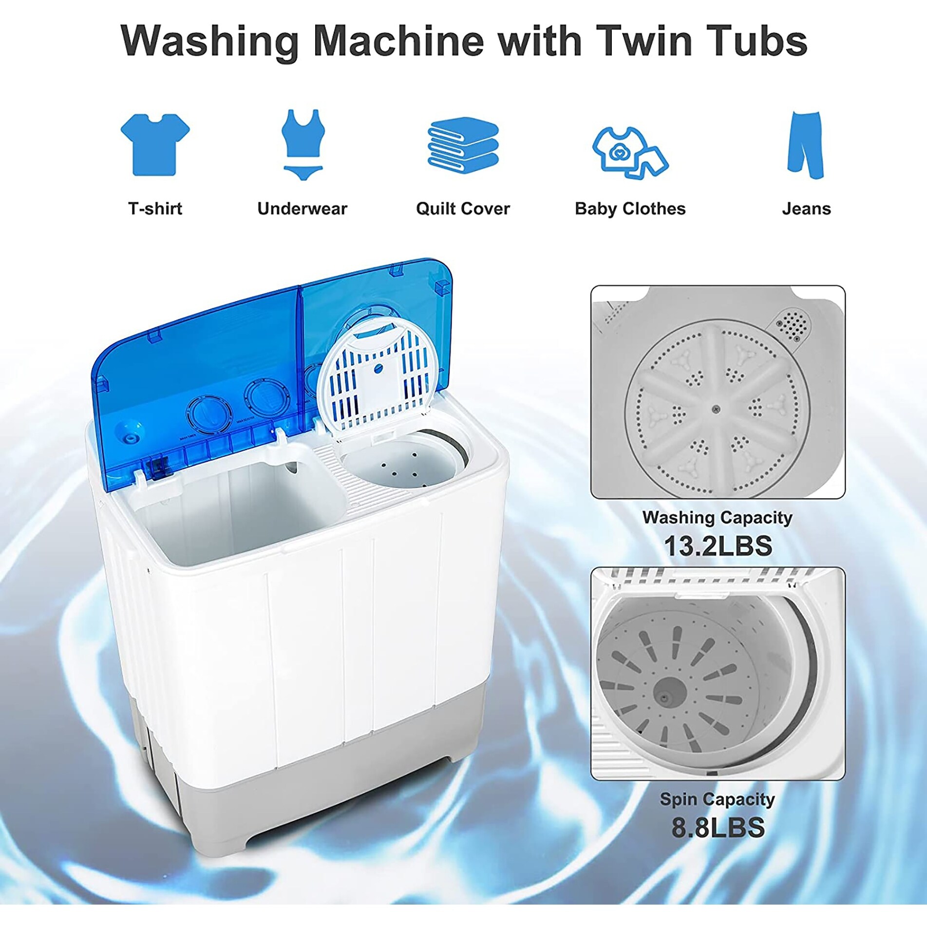 2 in 1 Portable Washing Machine, Twin Tub Compact Washer 28lbs Capacity, Washer and Spinner Dryer