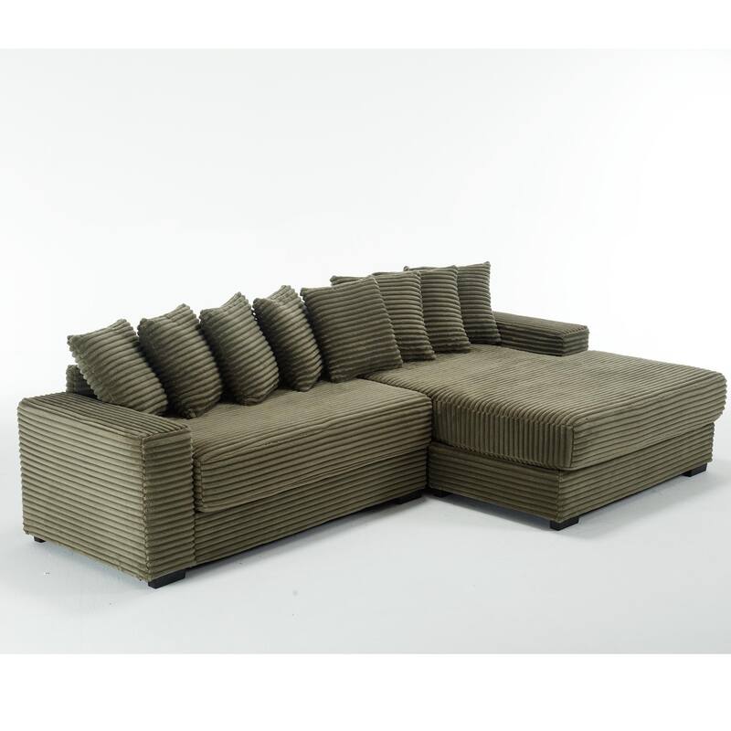 Oversized Two-Piece L Shaped Corduroy Sofa with Right Chaise Daybed, Eight Throw Pillows, Green