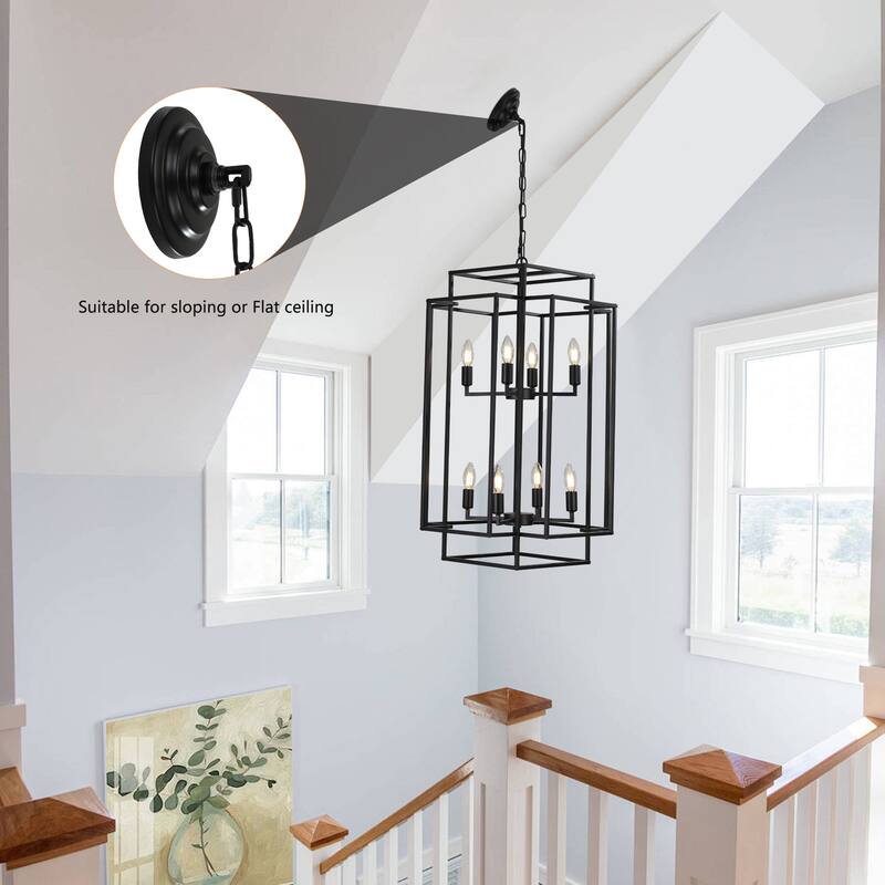 18" Modern 8-Light Geometric Pendant Chandelier, Industrial Metal Frame, Adjustable Hanging Light (No Bulbs)