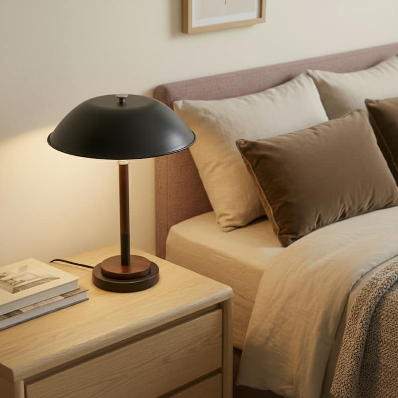 Kiara Mid-Century Modern Dome Table Lamp with Wooden Base - Black