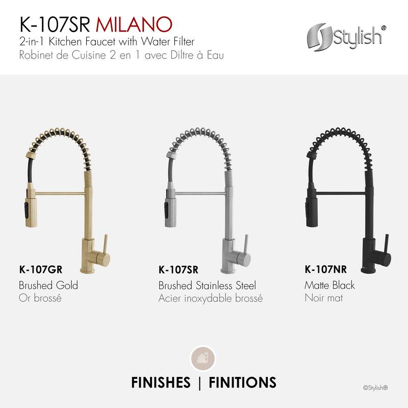 Milano Pull-Down Kitchen Faucet with water filter. Stainless Steel Gold.