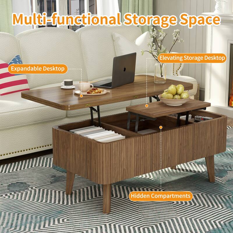 3 in 1 Walnut Lift Top Convertible Coffee Table, Oval Wooden with Storage for Small Spaces