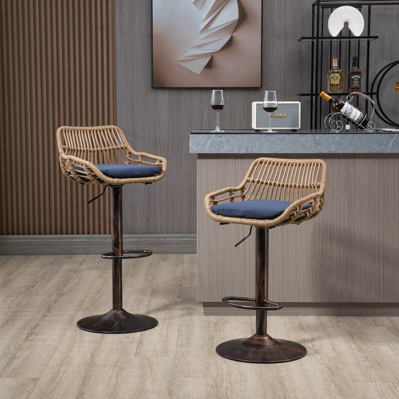 360° Swivel Bar Stools Set of 2, Adjustable Counter Height Chairs with Footrest, Rattan Bar Chairs with Cushions