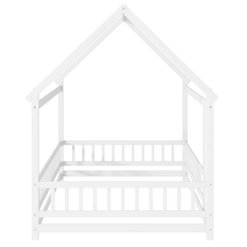 Full Size Wooden House Floor Bed with Roof Frame and Safety Guardrails, White