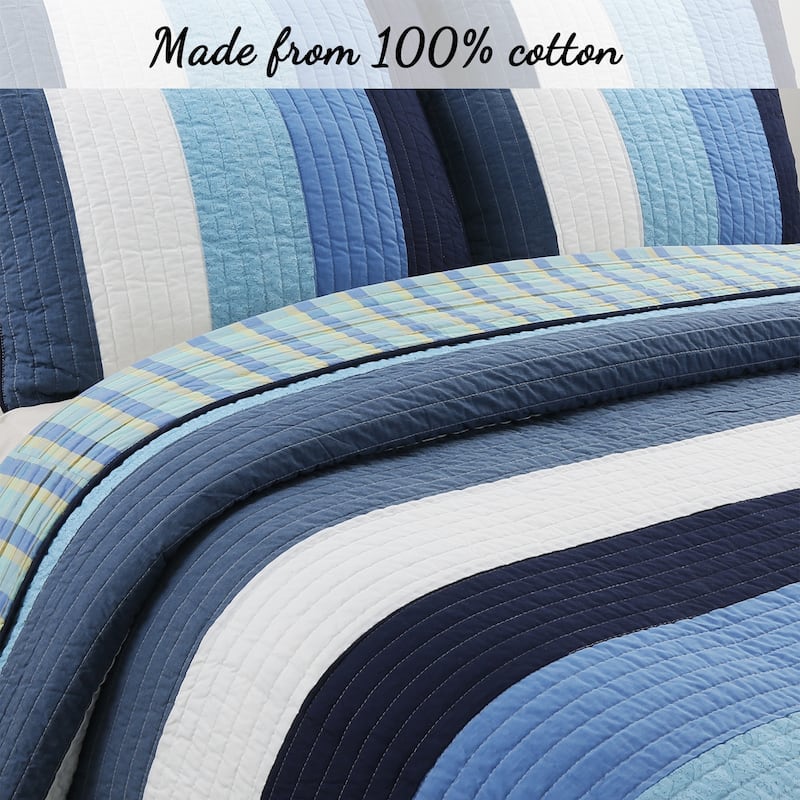 Cozy Line Shades of Ocean Blues Stripped Cotton Quilt Bedding Set