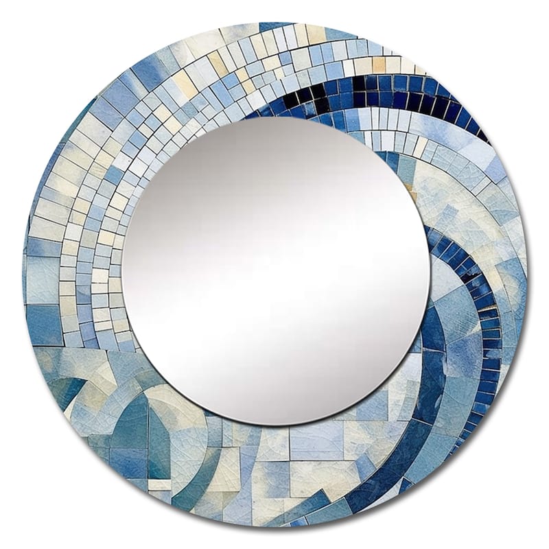 Designart "Gold Constructing Blue Realms IV" Abstract Shapes Round Mirror For Wall Decor - Modern Blue Bedroom Mirror