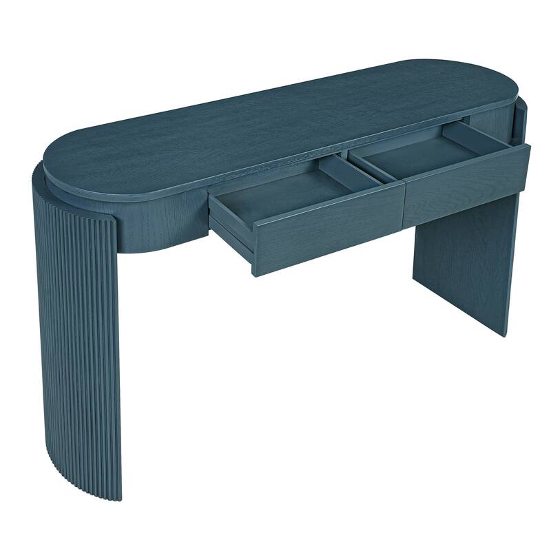 TREXM Entryway Table with Natural Wood Grain Finish, Console Table with Fluted Design, Oval Top and 2 Drawers