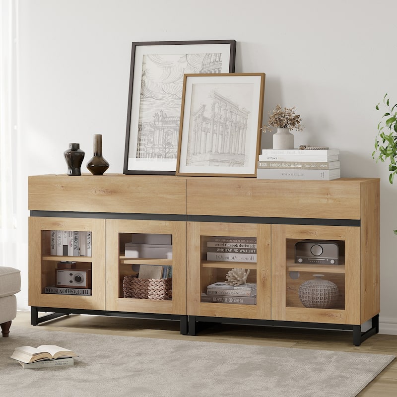 WAMPAT Modern TV Stand with Glass Doors for 110 inch TVs, Entertainment Center Console with 3 Drawers and Metal Base
