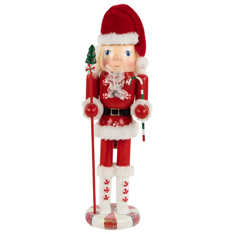 13.75" Red White Peppermint Twist Mrs. Claus Wood Christmas Nutcracker