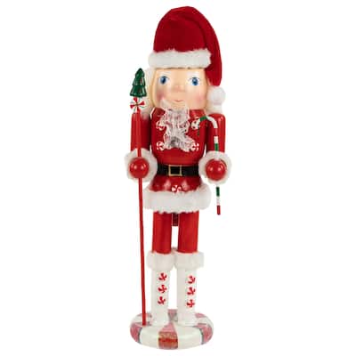 13.75" Red White Peppermint Twist Mrs. Claus Wood Christmas Nutcracker