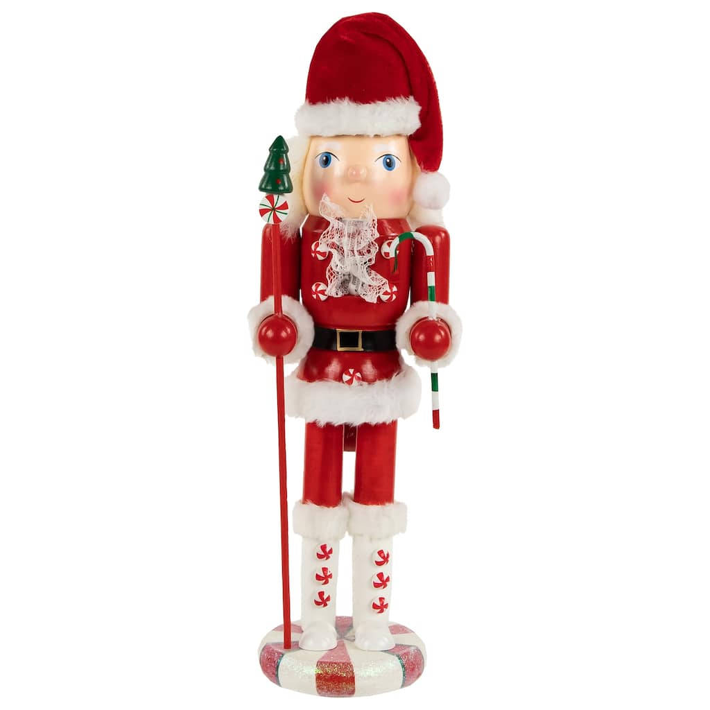 13.75" Red White Peppermint Twist Mrs. Claus Wood Christmas Nutcracker