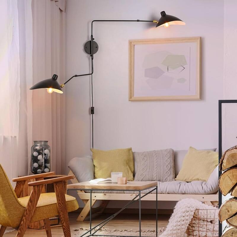 Modern Swing Arm Wall Sconce Plug in 2-Lights Black Wall Lights