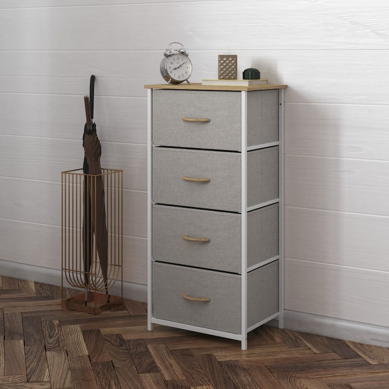 4 Drawer Vertical Storage Dresser-Wood Top & Fabric Pull Drawers