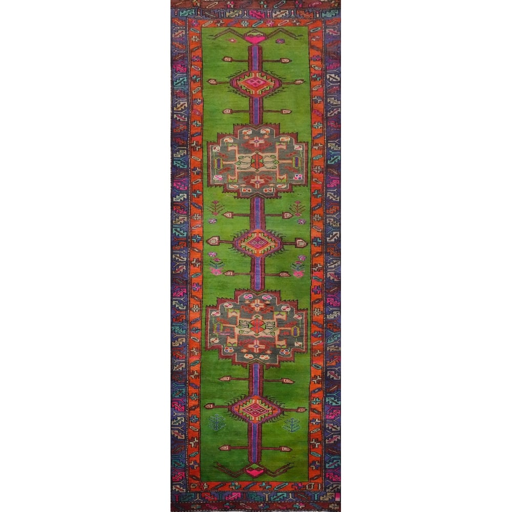 Hand Knotted Oriental 100% Wool Carpet Traditional Geometric Green Hamedan Runner Rug - 10' 3'' X 3' 0''
