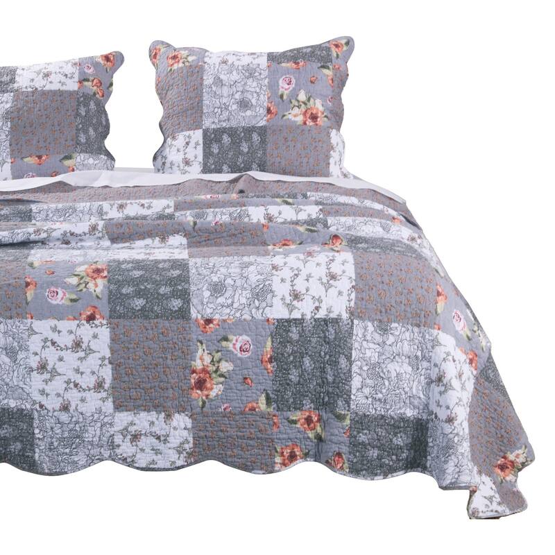 3 Piece Microfiber Queen Size Quilt Set with Floral Prints, Multicolor
