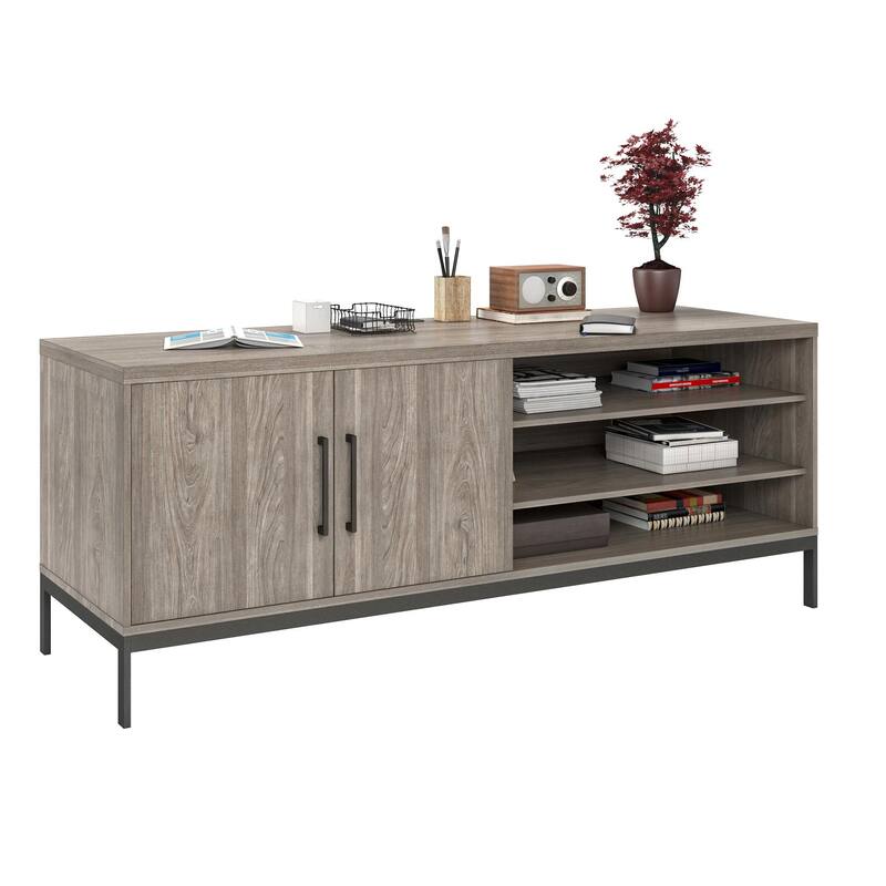 Roomfitters Parkside Credenza Sideboard with Sliding Doors and Built-In USB Power Hub, Light Oak Finish