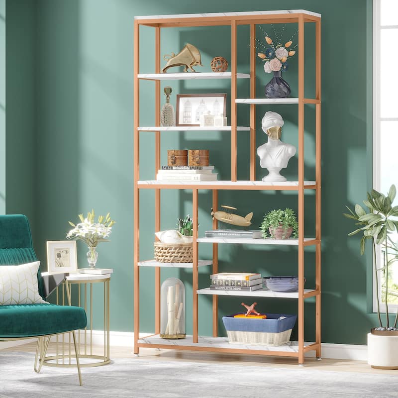 Staggered Bookcase Open Book Shelves Wood Etagere Display Shelf for Living Room