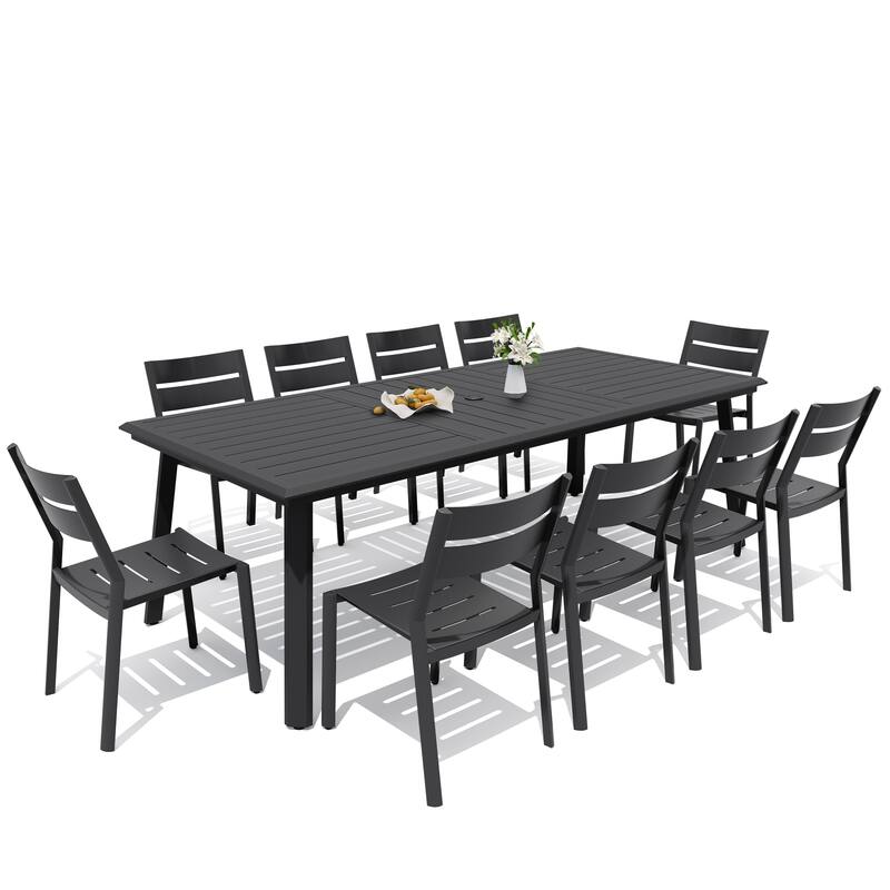 7/9/11/13-Piece Patio Dining Set Outdoor All-Weather Aluminum Dining Table with Umbrella Hole and Stackable Chairs
