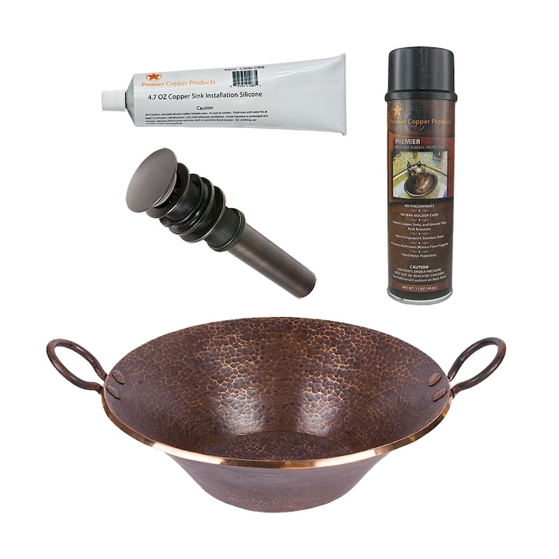 Round Hand Forged Old World Miners Pan Copper Vessel Sink, Matching Drain and Accessories