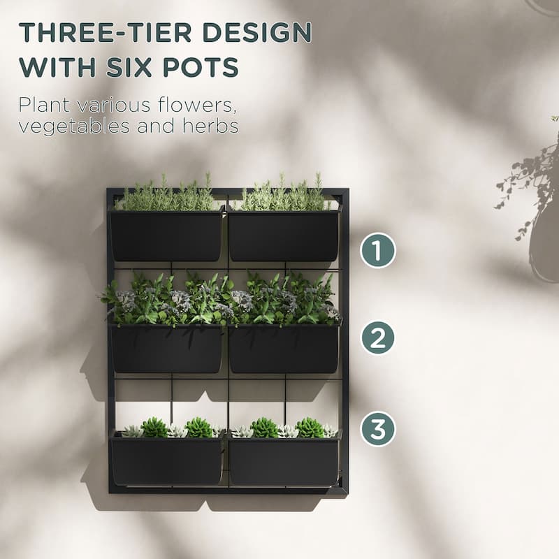 Outsunny 3-Tier Wall Planter with 6 Pots for Indoor and Outdoor Use, Hanging Plant Holder, Self Draining Wall Mounted Planter