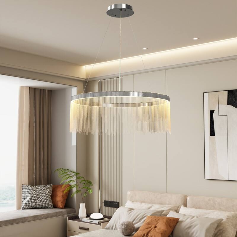 Aluminum Tassel Linear Chandelier Round Ceiling Pendant Lighting Fixture Over Dining Table, Kitchen Islands, Entryways - 24"x11"