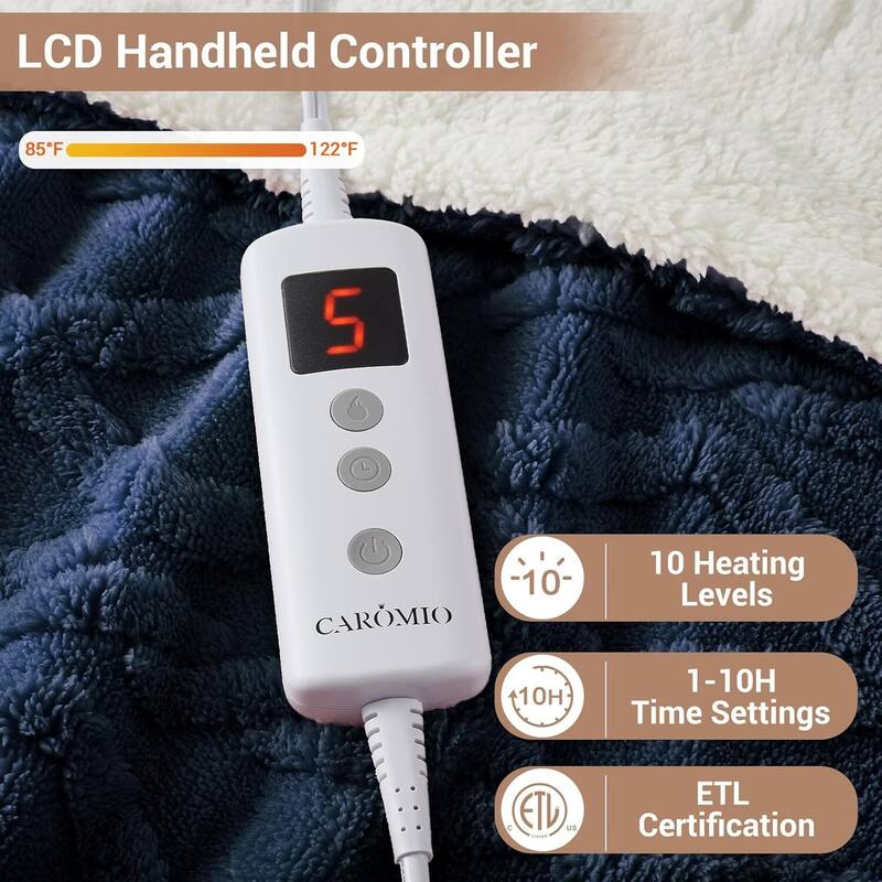Tufted Sherpa Electric Blanket with 6 Heating Levels for Living Room, Bedroom, Blue