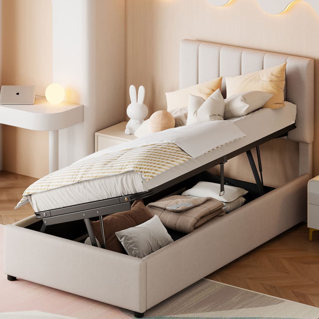 Beige Twin Size Upholstered Bed with Hydraulic Lift and Under-Bed Storage, Modern Design