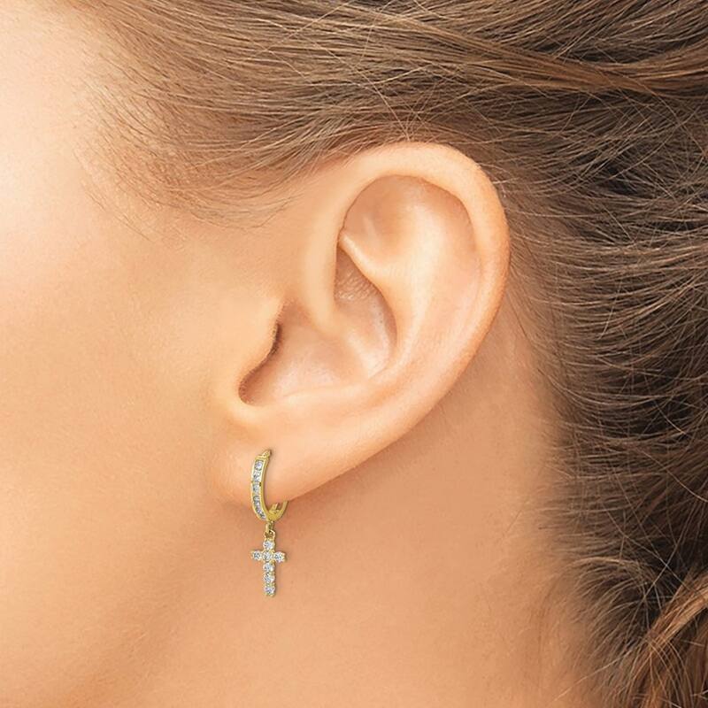 Curata 10k CZ Cubic Zirconia Religious Faith Cross Hinged Hoop Earrings - 23.46x6.25mm Wide