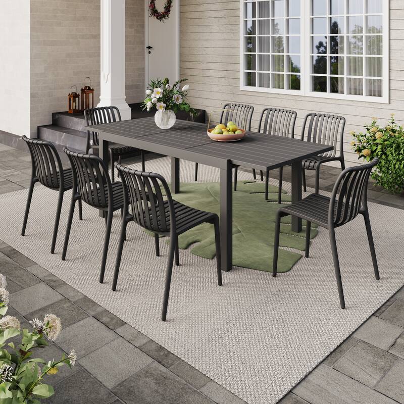 Outdoor Dining Set 9-Piece Stackable Plastic Lightweight Dining Chair and Extendable Dining Table - Black chair & Dark Grey table