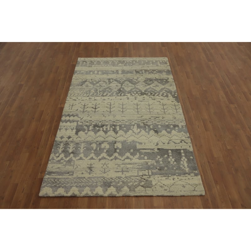 Hand-knotted Modern Wool Beige Geometric Area Rug Oriental Carpet - 7' 7'' X 4' 10''