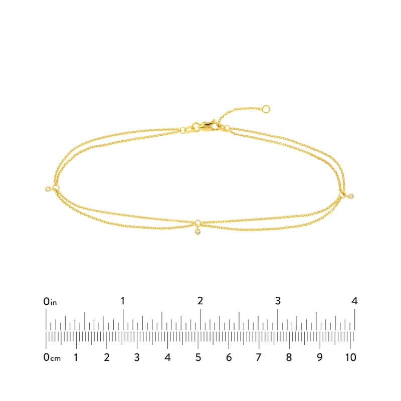 Curata 14k Yellow Gold 10" 3 Diamond 0.05 Dwt Double Strand Adjustable Anklet
