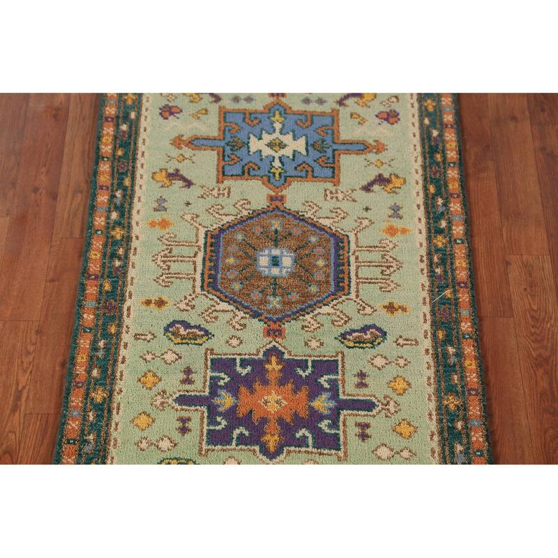 Light Green Khotan Indian Runner Rug Handmade Wool Carpet - 2'5"x 9'10"