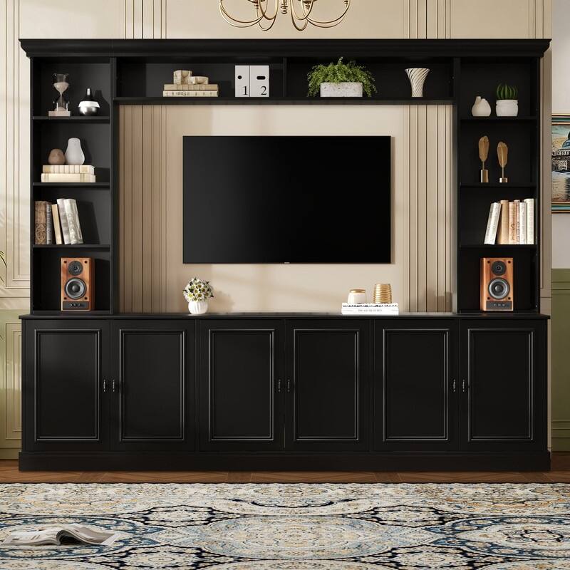 4-Piece Wall Unit Entertainment Center with Bookshelf for TVs Up to 70", Mid-Century Modern 97.4" TV Stand with Adjustable Shelf - Black