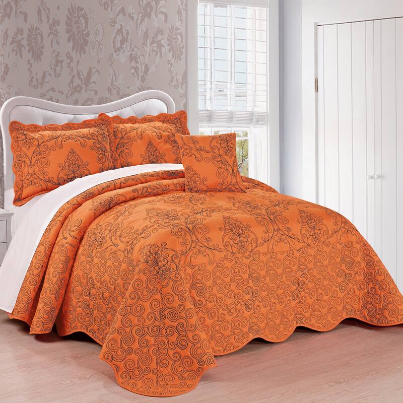 4 Piece Damask Embroidery Coverlet Set Soft Microfiber Bedding