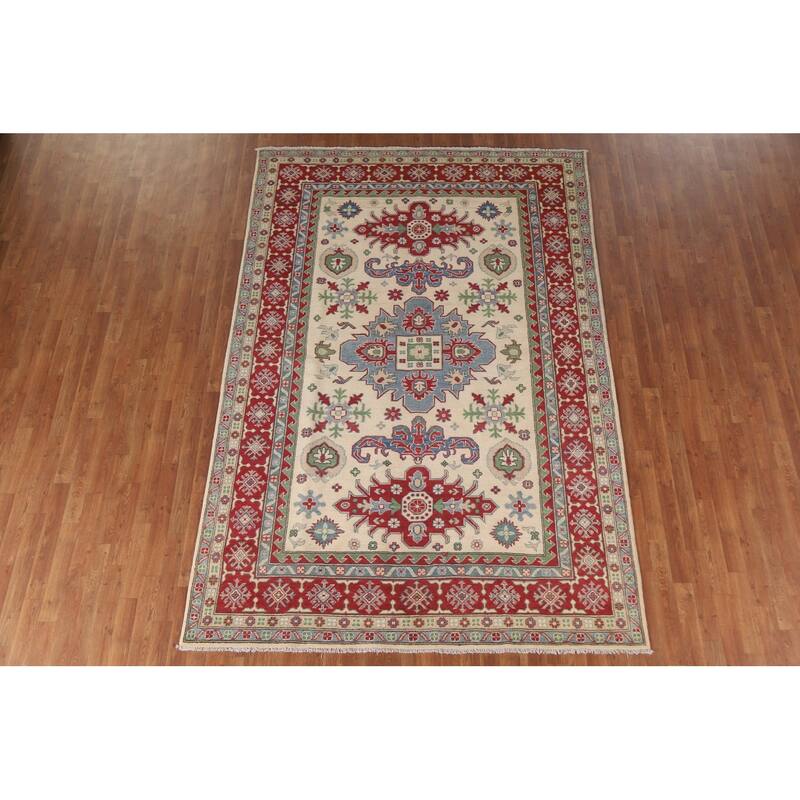 Hand Knotted Oriental 100% Wool Carpet Traditional Geometric Beige & Ivories Kazak Area Rug - 9' 9'' X 6' 7''
