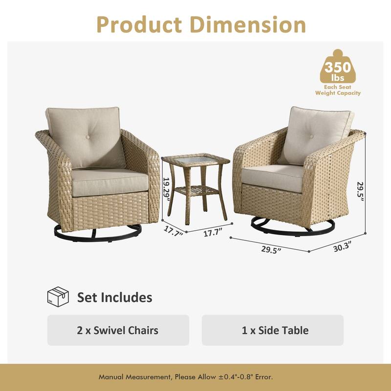 XIZZI 3-Piece Outdoor Chairs Wicker Swivel Rocker with Cushions