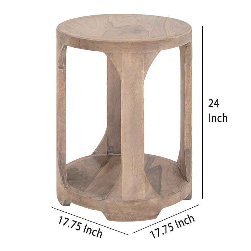 Eray 18 In Round Side Table w Shelf, Light Brown Teak, Mango Wood