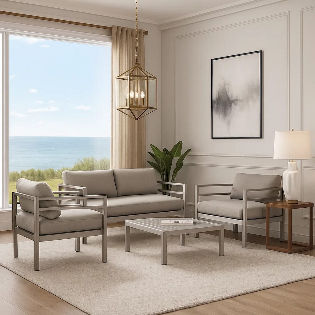 3 Piece Sectional Fabric Upholstered Sofa Set with Table, Gray and Silver