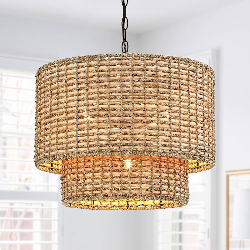 Lennie 20 in. 4-Light Rattan Tiered Drum Chandelier Light with Black Canopy - 20 in. W - 20 in. W
