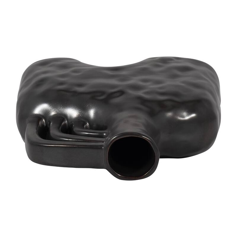 Ceramic Metallic Triple Handle Vase, Black, Novelty, Solid Color