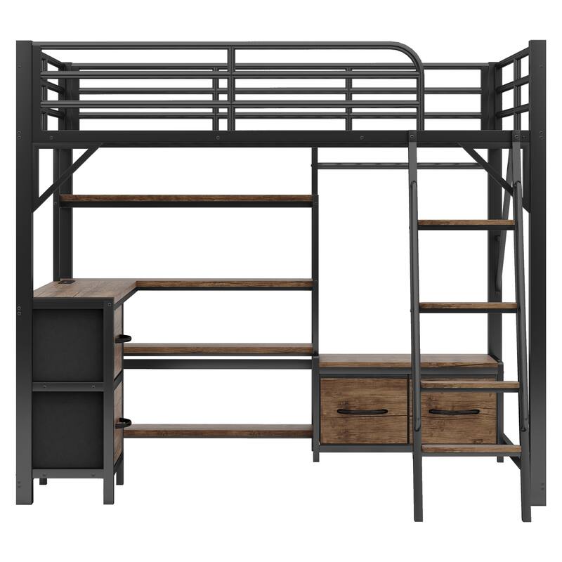 Full Size Loft Bed with Desk, Storage Shelves, Wardrobe, Drawers, and LED Light