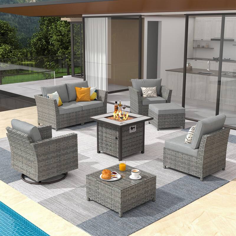 XIZZI 8-piece Outdoor Furniture Wicker Sofa Set with Fire Pit - Dark Grey