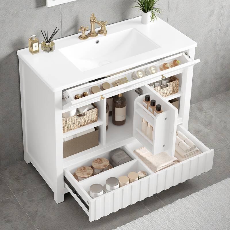 36" Bathroom Vanity with Sink, Solid Wood & MDF Cabinet with Door, Drawer and Open Storage Shelves