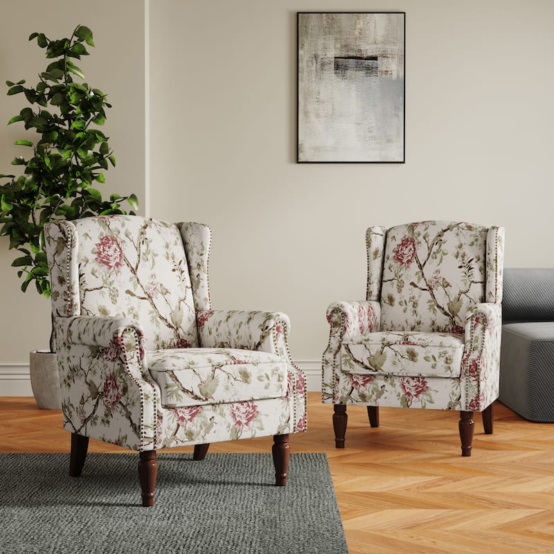 Set of 2 Patterned Upholstered Accent Chair for Living Room - BEIGE
