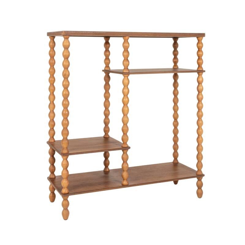 4-Tier Asymmetrical Wood Spindle-Leg Display Shelf Unit - 35.0"L x 13.38"W x 39.63"H - Walnut Brown