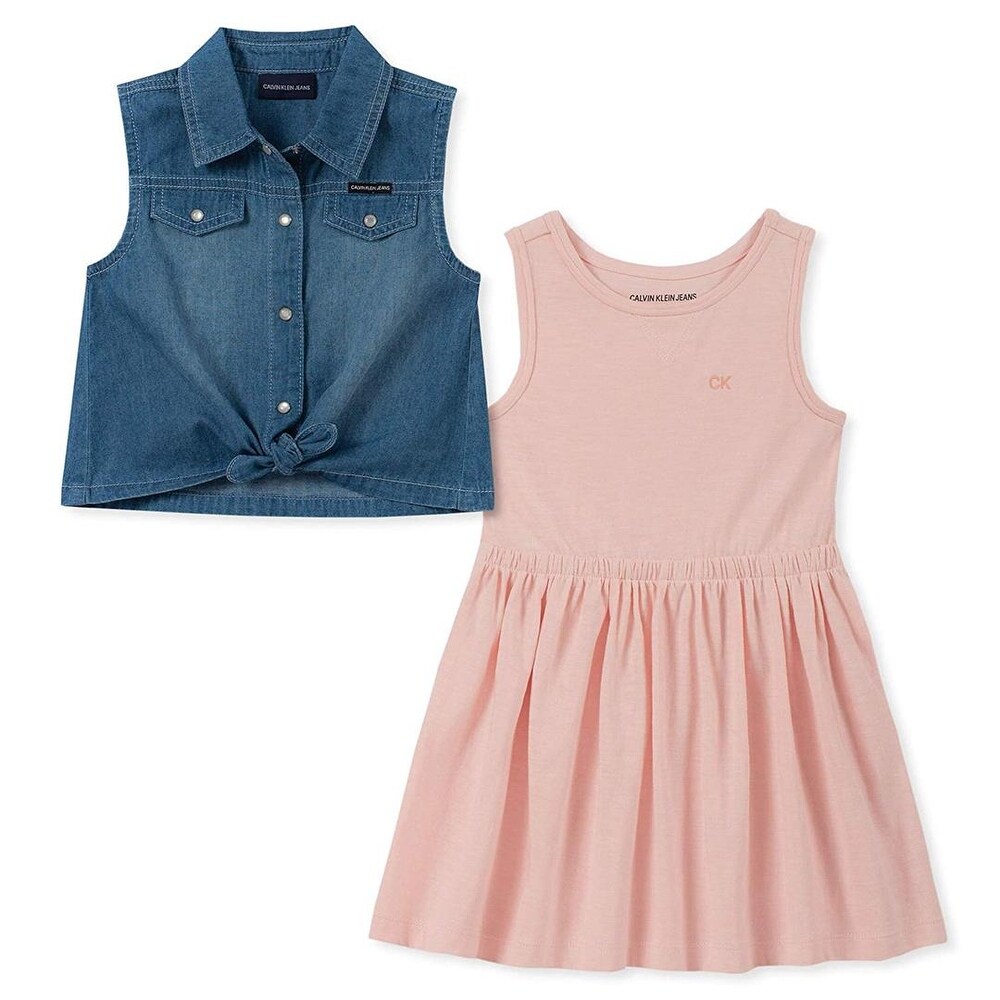 Shop Calvin Klein Girls 4 6x Denim Dress Set Pink Free